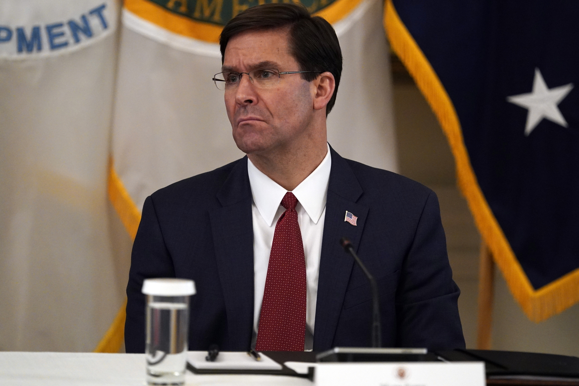Defense Secretary Mark Esper listens during a Cabinet Meeting with President Donald Trump in the East Room of the White House